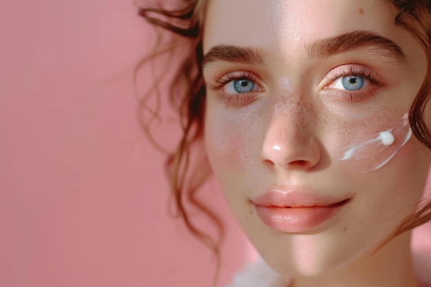 Young woman applying moisturizer for flawless skin in cosmetology