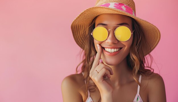 Photo young woman applying sunscreen cream on pink background