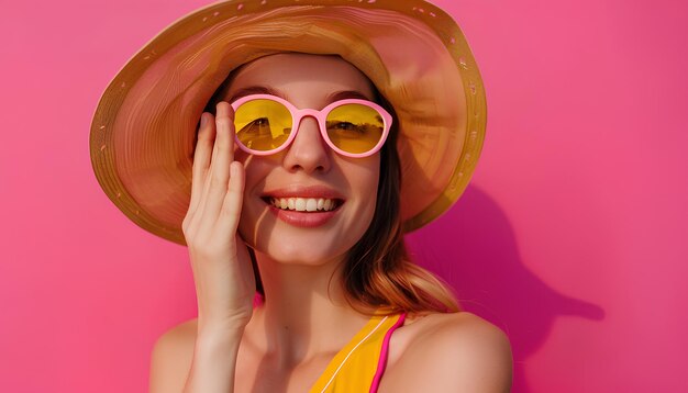 Photo young woman applying sunscreen cream on pink background