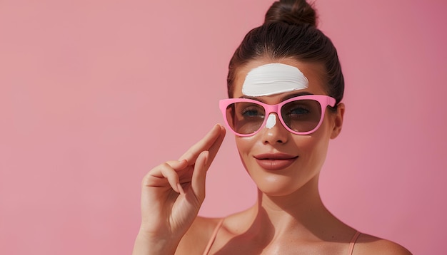 Photo young woman applying sunscreen cream on pink background