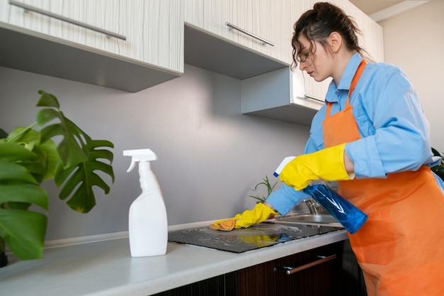 Young woman in an apron cleaning the kitchen Ecocleaning using natural and ecofriendly