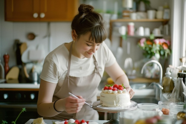 Young woman in apron cooking cake in kitchen at home Housewife decorating cake