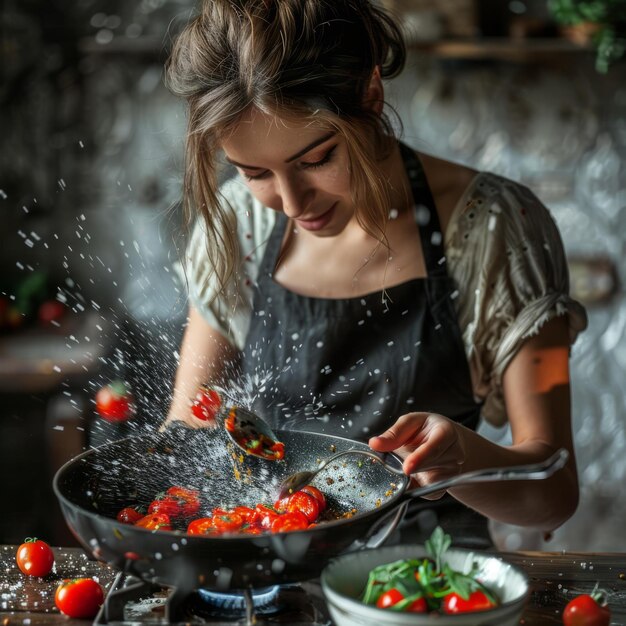 Photo young woman in an apron is cooking cherry tomatoes in a frying pan