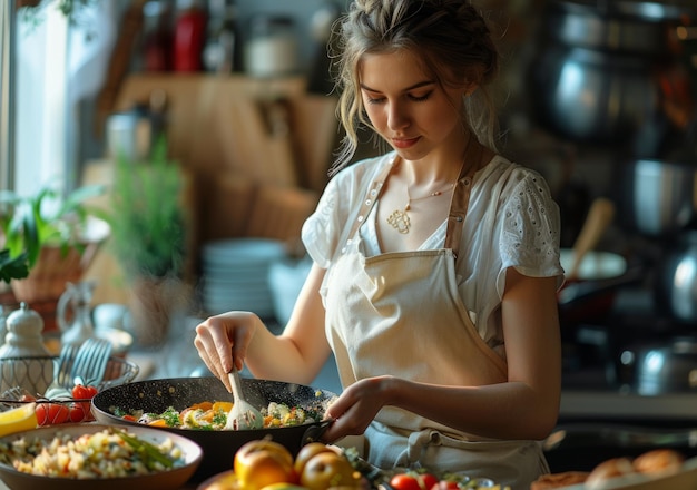 Photo young woman in an apron is cooking in the kitchen