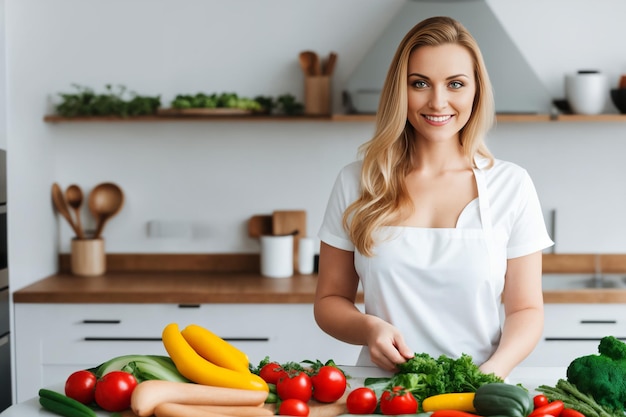 A young woman in an apron prepares a healthy food of vegetables in the kitchen