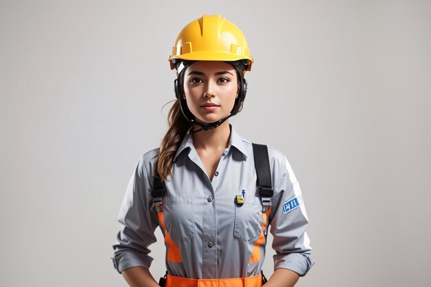 Photo young woman architect in uniform and helmet