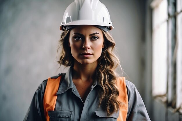 Young woman architect in uniform and helmet