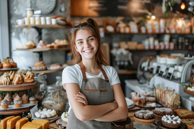 Young woman arranging her cake shop