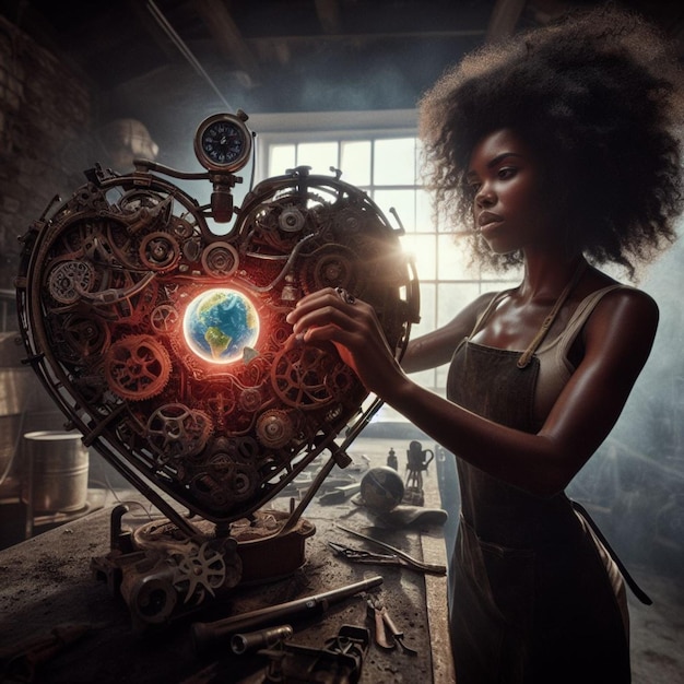 young woman artisan alchemist repair geared glow steampunk heart in dark workshop love concept