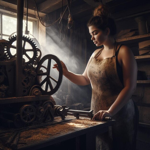 young woman artisan repair a geared time machine on a dark workshop