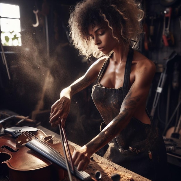young woman artisan repair a geared time machine on a dark workshop