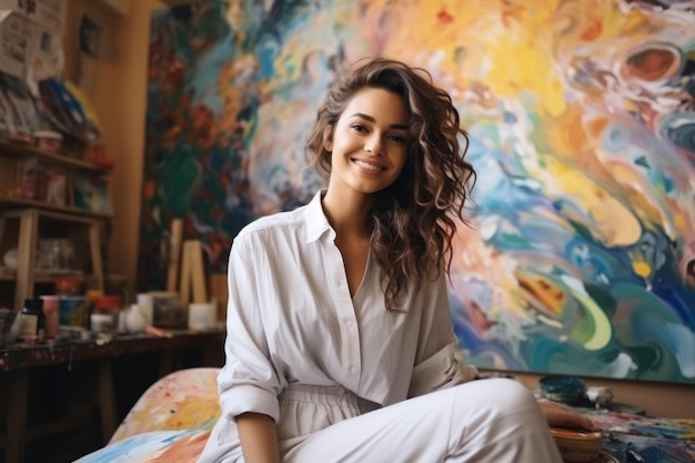 Young woman artist at her art studio in front of canvas painting