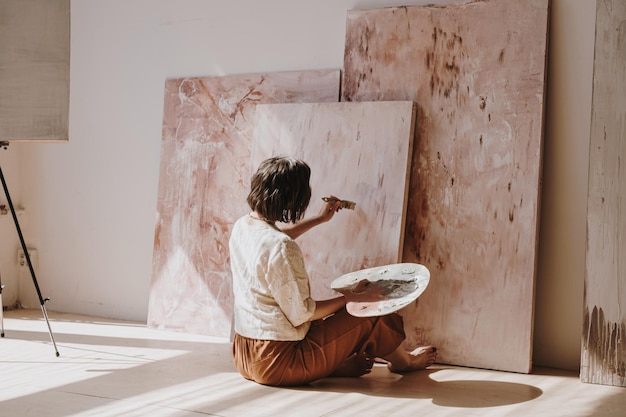 Молодая женщина-художник рисует абстрактную картину в студии с солнечным светом Эстетическая минималистская концепция создания произведений искусства