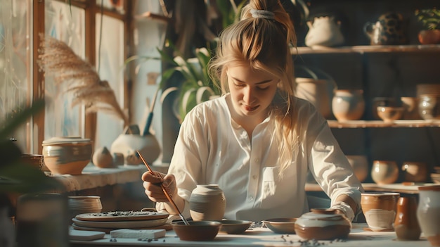 Young woman artist painting a ceramic bowl in her studio She is wearing a white shirt and has her hair tied back in a ponytail