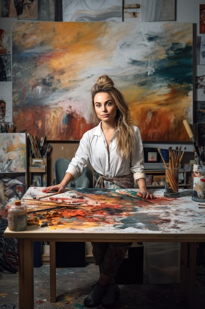 Young woman artist painting in her studio ai generative