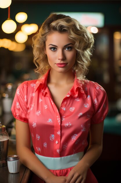 Photo young woman as a classic 1950s diner waitress surrounded by retro diner decor generative ai