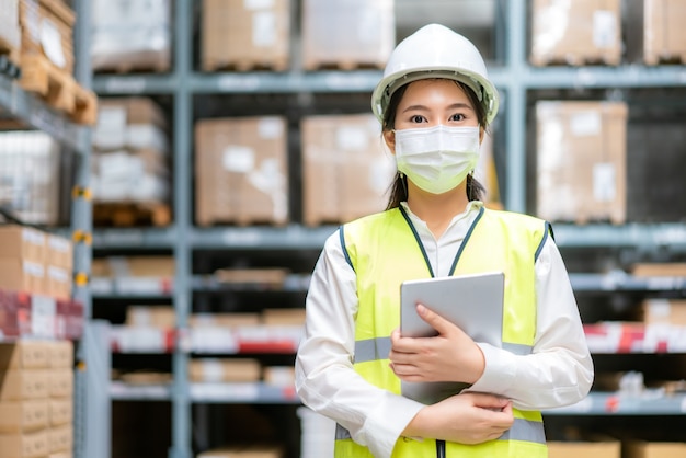 Young woman auditor or trainee staff wears mask working during the COVID pandemic in store warehouse