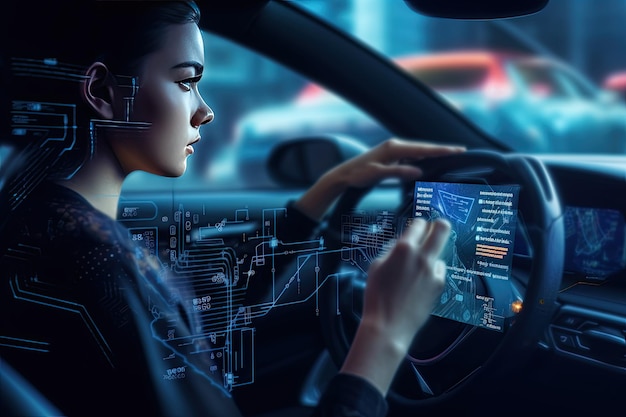 Giovane donna in auto autonoma, auto senza conducente, veicolo a guida autonoma, display di tecnologia automobilistica