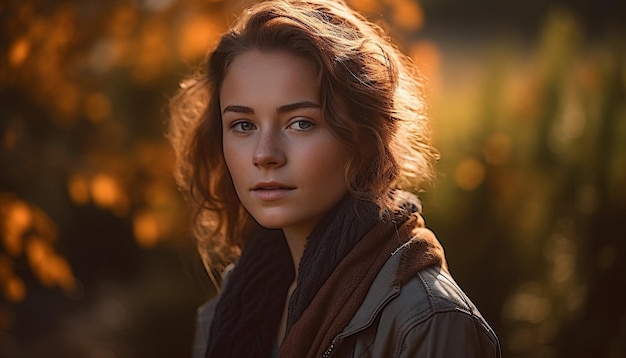 Young woman in autumn forest radiating confidence generated by AI