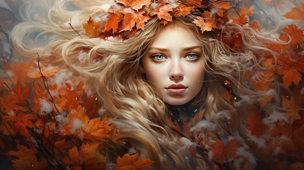 young woman in autumn leaves