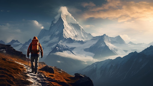 young woman in a backpack standing near a mountain peak