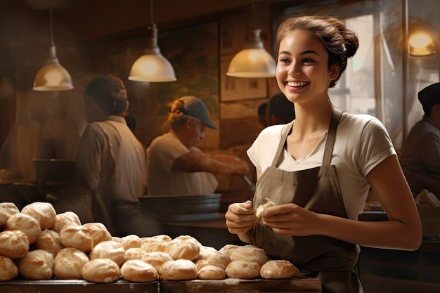 Young woman baker chef is smiling at a bunch of dough balls on a counter of a bakery