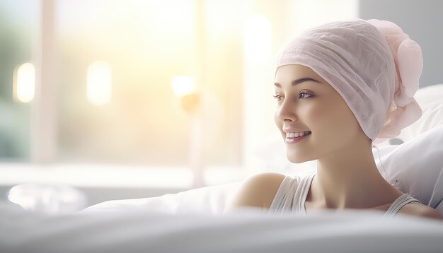 Young woman bald in hospital room smiling world cancer day concept