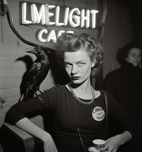 Молодая женщина в баре с черной воронкой в стиле 1930-х