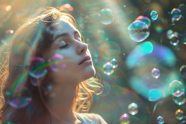 色とりどりの泡が浮かぶ中で太陽光線を浴びる若い女性が、夢のような魅惑的な雰囲気を作り出しています