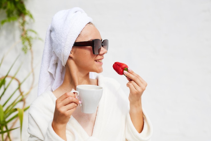 Photo a young woman in a bathrobe and a towel on her head eats strawberries enjoys her vacation at the resort has breakfast coffee with a croissant and strawberries