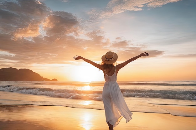 young woman on the beach at sunsetyoung woman on the beach at sunsetbeautiful happy woman with hat a