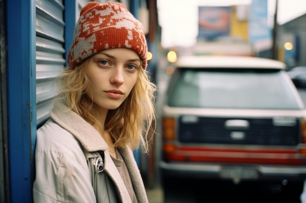 a young woman in a beanie leaning against a wall