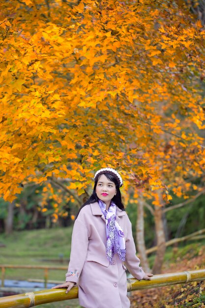 美しい秋の公園で若い女性