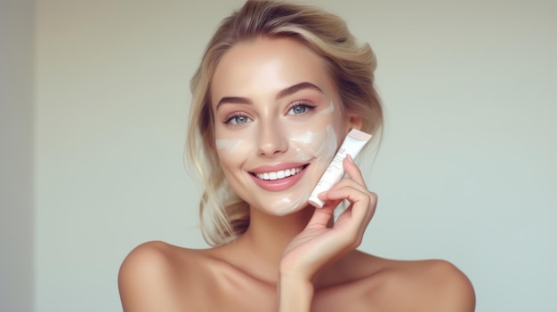 Young woman beautiful blonde is smiling and applying cosmetic cream on the face