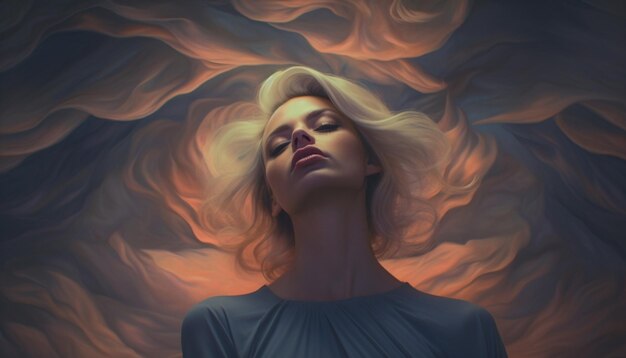 Photo a young woman beauty shines in the surreal sunset sky generated by artificial intelligence