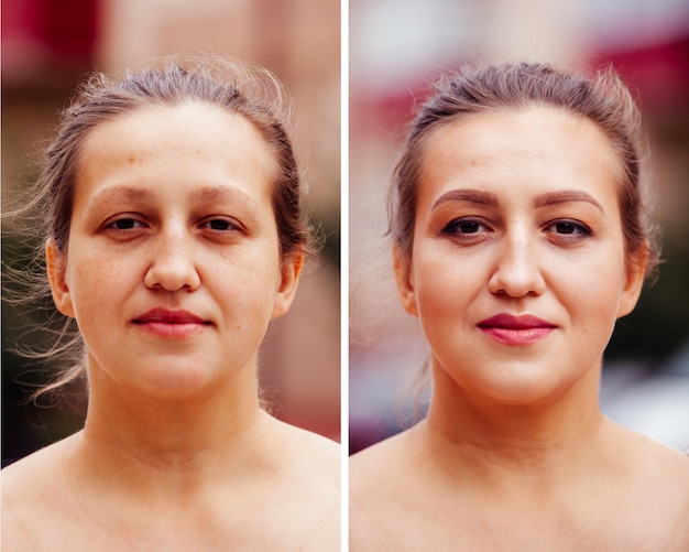 Photo the young woman before and after applying makeup