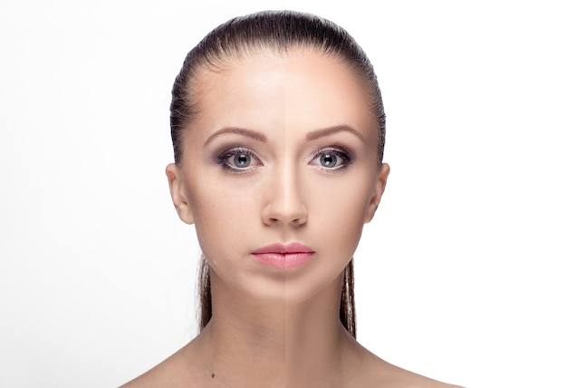 Фото Молодая женщина, до и после ретуши, косметических процедур. до и после косметической операции. anti-age терапия, удаление прыщей, ретушь.