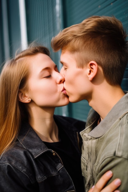 밖에서 남자친구에게 키스받는 젊은 여성이 생성 AI로 만들어졌습니다.