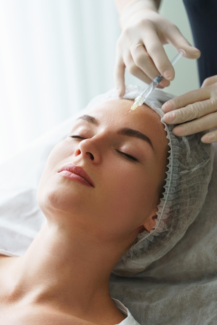 Photo young woman during biorevitalization procedure in aesthetics medical clinic