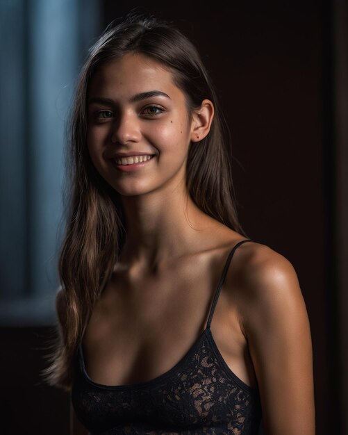 Photo a young woman in a black bra top smiling at the camera