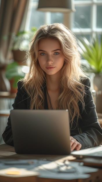 Young woman in a black business suit with a gray laptop in the office
