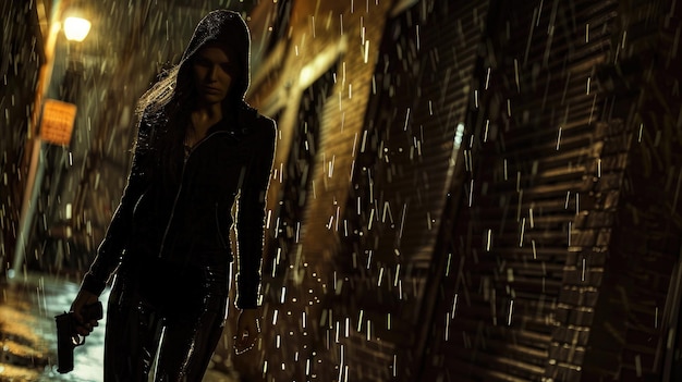 Young woman in black clothes walks with gun in rain mercenary or killer holding weapon on dark alley Female person and pistol at night Concept of spy movie murderer people