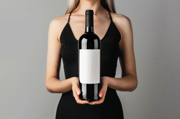 Photo young woman in black dress holding a bottle of wine with white label blank label mockup