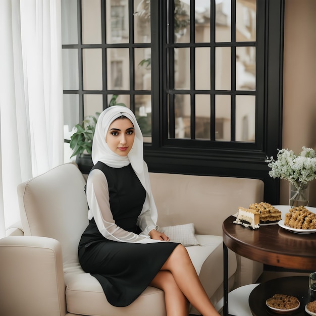 Young woman in a black dress and with a hijab on head is sitting in home and relaxing