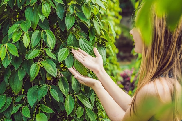 Young woman on a black pepper farm in Vietnam, Phu Quoc.