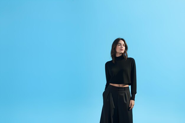 Young woman in black standing on blue background