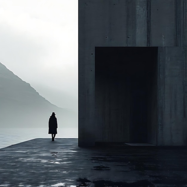 young woman in black suit standing on the edge of a tunnel