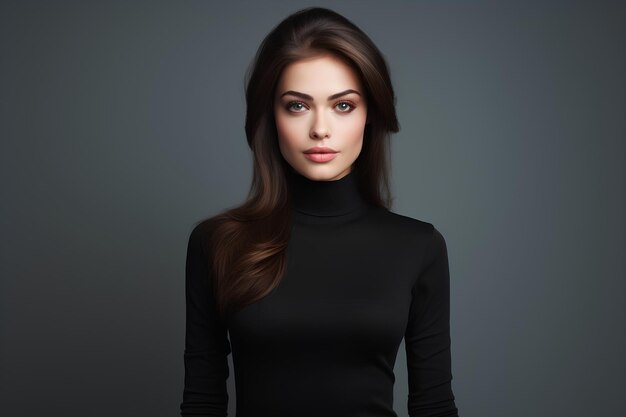 young woman in black sweater posing against gray background