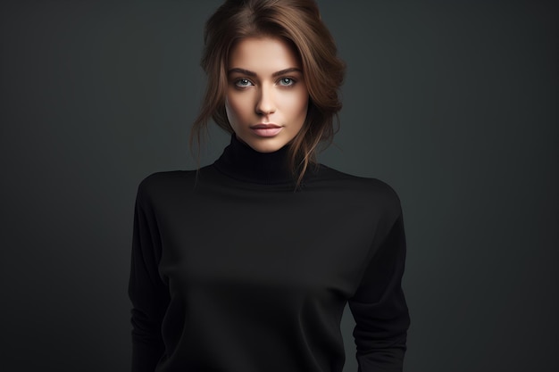 young woman in black sweater posing against gray background