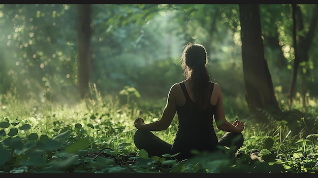 A young woman in a black tank top and black leggings is sitting in a lotus pose in the middle of a forest